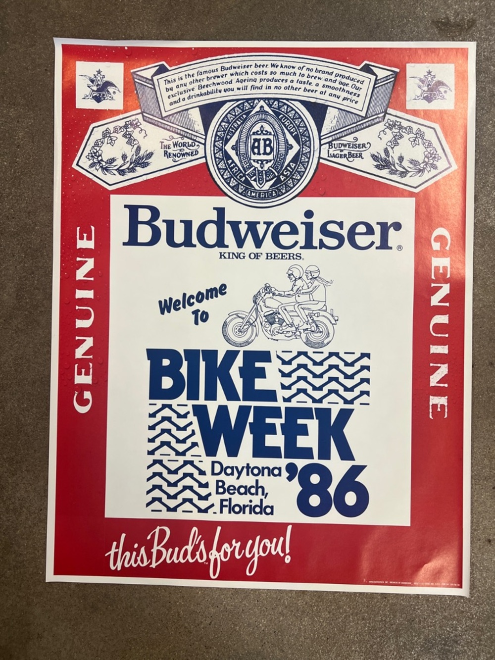 Vintage 1986 Budweiser Bike Week Poster - Red, White, Blue, original out of box